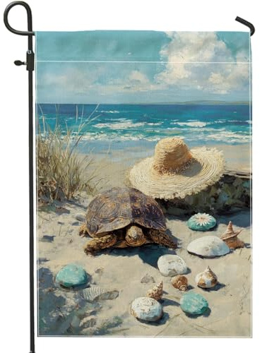 Sommer-Strand-Schildkröten-Muschel-Gartenflagge, Küstenozean-Strohhut, Heimdekoration, Banner, doppelseitig, Jute, Outdoor, Hof, Rasen, Dekoration, 30,5 x 45,7 cm