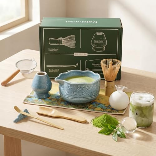 Matcha Whisk Set, Matcha Set with Bowl and Whisk 9 Pcs, Japanese Matcha Tea Set, Bamboo Whisk, Matcha Bowl Set, Matcha Starter Kit, Matcha Making Kit, Matcha Accessories, Matcha Gift Set (Blue)