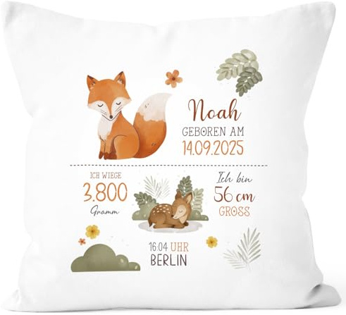 SpecialMe® Kissen-Bezug personalisiert mit Name Datum Gewicht Fuchsmotiv KoalaGeburtskissen Geschenk Geburt Baby Weiss Standard