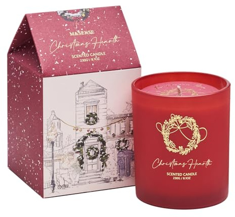 M&SENSE Natale Serie Candela Profumata 230g Focolare Natalizio, Cera di Soia Non Tossico Aromaterapia Candele, Colorate Vetro Natalizie Decor, Regalo di Lusso per Natale/Donne/Compleanni
