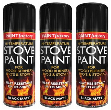 3 x High Temperature Stove Paint Black Matt Aerosol Spray 400ml – Fast Drying Heat Resistant Paint for Wood Burners, BBQs, Stoves, Engine Exhaust – Suitable for Metal, Wood, Plastic & Ceramic
