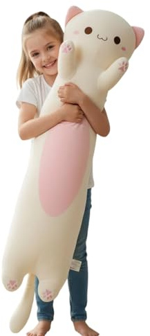 Aiuidun Peluche-Coussin Chat Long 60cm Oreiller Corporel Ultra Doux - Jouet Câlin Kawaii pour Enfant, Adulte, Cadeau Amoureux des Chats, Femme, Fille, Anniversaire(Grands Yeux Blanc)
