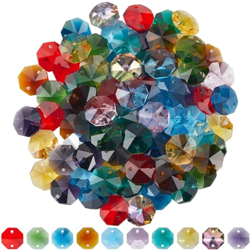 SOFPLATE 1 boîte de 120 Perles Octogonales en Verre Cristal de 10mm 14 Couleurs Colorées Attrape Soleil 2 Trous Prisme Connecteur de Remplacement pour Lustre Entretoises à Facettes pour Lampe Suspend