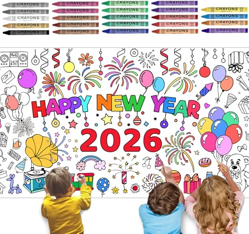 Happy New Year Ausmal-Tischdecke 76 x 183 cm,Silvester Tischdecke,Frohes Neues Jahr Ausmaltischdecke,Papier-Tischdeck zum Ausmalen Silvester Deko 2026,Neujahrsgeschenke