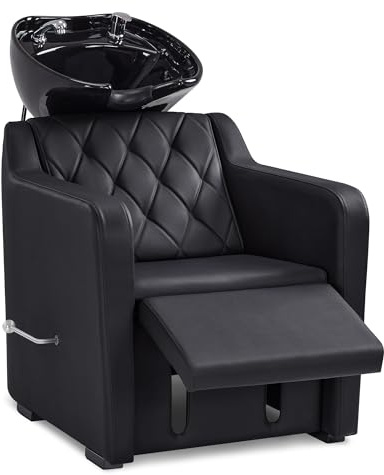 BarberPub Chaise de barbier avec lavabo, Repose-Pieds Rabattable, lavabo de Coiffure en céramique réglable, Fauteuil de Coiffure pour Salon Spa, Poste de Lavage 8620 (Noir/Cuir synthétique)