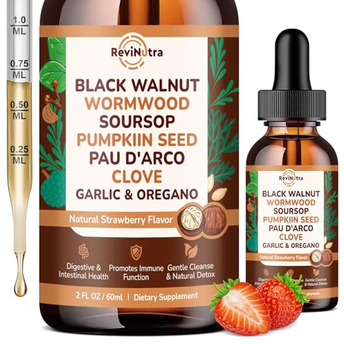 ReviNutra 16 in 1 Wormwood Black Walnut Clove Cleanse for Humans Liquid Drops with Soursop Oil of Oregano Pumpkin Seed PAU D’arco Garlic for Gut Cleanse & Digestive Health, Strawberry Flavor 2 Fl Oz