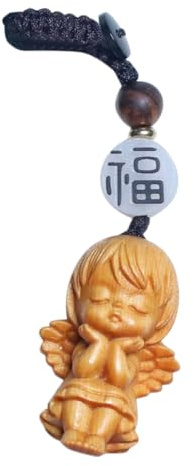 JOYOFREELY Figurine D'ange en Bois Solide Ailes Sculptées, Pendentif Ornement pour Rétroviseur de Voiture, Petit Modèle Religieux Suspendu Décoratif Polyvalent pour Accessoires et Décoration