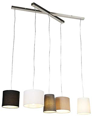 Qazqa - Landhaus I Vintage Land Hängelampe I Pendellampe I Pendelleuchte Stahl I Silber I nickel matt 5-flammig-Licht - Hermina I Wohnzimmer I Schlafzimmer - Textil Länglich - LED geeignet E27