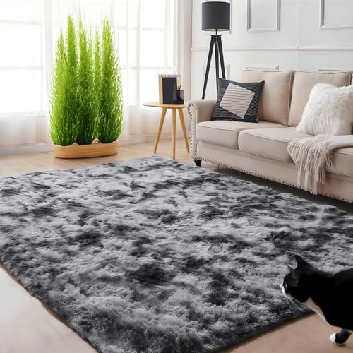 linyingdian Tapis de Salon, Tapis à Poils Longs, Chambre à Coucher Doux, antidérapant, Moelleux, Pelucheux Chambre d’Enfant intérieure surdimensionnée, Douce Moderne (Gris foncé, 160 x 200cm)