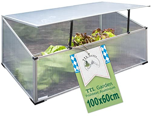 TTL Garden Frühbeet Aufsatz 100x60x40cm Alu & Polycarbonat - Hochbeet Kasten Mini Gewächshaus Frühbeetkasten 100 cm lang 60 cm breit, Wärme & Schutz für Pflanzen im Frühjahr, Deckel einstellbar