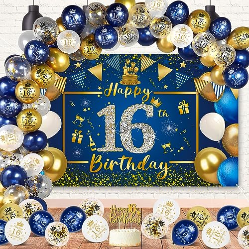 16 Geburtstag Junge, 16 Geburtstag Deko 16. Geburtstag Junge Blau Gold Geburtstagsdeko Junge Mädchen,Lange Happy 16th Birthday Banner Hintergrund 190×120cm, Cake Topper 16. Geburtstag Luftballons