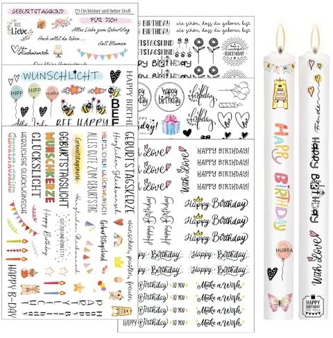 Geburtstag Kerzenfolie - 6 Stück A5 Wasserschiebefolie, Tattoo Happy Birthday, Sprüche, Dekorieren für Kerze Tasse DIY Geschenk