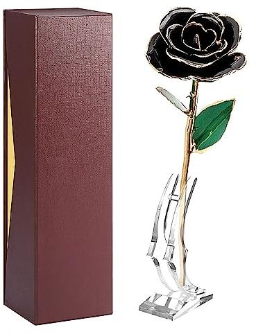 Rote Rose mit Langem Stiel, Getaucht in 24-Karat-Goldbesatz, mit Ständer, – Wird in Einer Hochwertigen Gold-Geschenkbox Geliefert (Schwarze Rose)