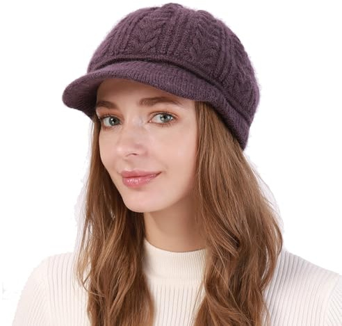 AIDIER Damen Winter Warme Strickmütze mit Visier Krempe Baskenmütze mit Weichem Dickes Gefütterte Klassisch Gehäkelte Mütze Frauen Strick Ballonmütze Slouchy Wintermütze Fleece Mütze für Damen