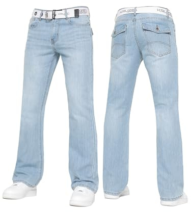 BRAND KRUZE Mens Bootcut Jeans Casual Flared Wide Leg Free Belt Stylish Fashion Denim Trouser Pants KZ115 Light Blue 32W / 32L