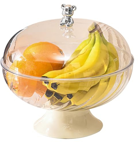 CAKEEYUM Fruit Bowl with Lid, 9.7x9.5 Inch Large Fruit Bowl, Clear Basket with Draining Holes, Decorative Pedestal for Kitchen Counter, Vegetable Breads Snacks, Transparent Home