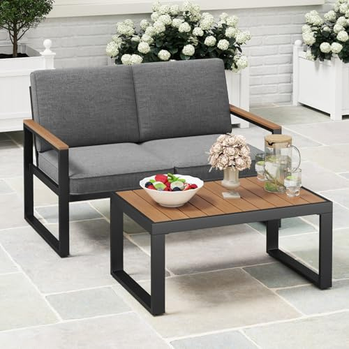 GIANTEX Set di mobili da giardino da balcone, resistente alle intemperie, con telaio in alluminio, set da 2 posti, divano e tavolino da caffè, con cuscino, set da balcone per 2 persone, set da