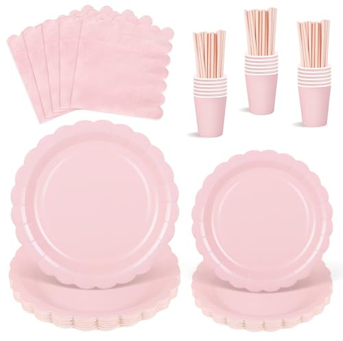 125 Pcs Pink Paper Plates and Napkins, Light Pink Party Supplies Include Scalloped Plate Napkins Cups Paper Straws for Baby Shower, Wedding, Birthday