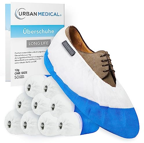 URBAN MEDICAL 50x Extra starke 12g Einweg/Mehrweg Schuhüberzieher mit rutschfester Sohle - LONG LIFE - Wasserdicht & reißfest - Überschuhe für In- und Outdoor - ONESIZE