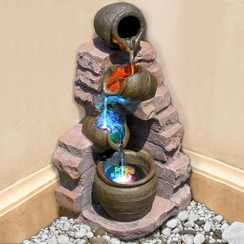 Fontaine de Jardin avec 4 Ampoules LED RVB 230 V - Peut fonctionner à la lumière Solaire - Abreuvoir à Oiseaux - Jeu d'eau pour Le Jardin, l'étang de Jardin, la terrasse, Le Balcon - Très décoratif