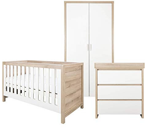 Tutti Bambini Modena Nursery Furniture Set (3 Piece) | Convertible Baby Cot Bed, Chest of Drawers Changer and Wardrobe Set | Solid Wood Furniture (Oak & White)