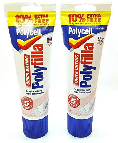 2 PCS POLYCELL QUICK DRY POLYFILLA TUBE MINOR REPAIRS INDOOR PLASTER WOOD STONE FILLER FILLS HOLES UP TO 5MM DEEP 363G EACH