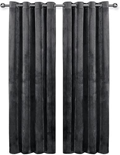 Oxford Homeware Blackout Curtains for Bedroom – Charcoal 66 x 54 Inch Drop Curtains for living room - Thermal Insulated Velvet Curtains + 2 Tie Backs (168cm x 137cm)
