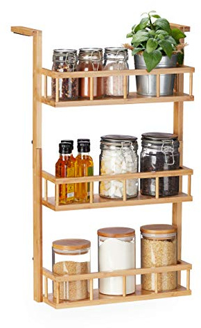 Relaxdays Gewürzregal, zum Hängen & Hinstellen, Küchenschrank, Arbeitsplatte, 3 Etagen, Bambus, Küchen Organizer, natur, 1 Stück | Arbeitsplatte, 3 Etagen, Bambus, Küchen Organizer