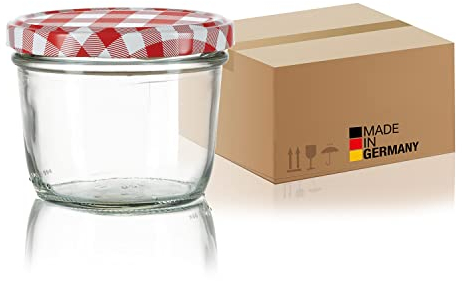 BigDean 12x Marmeladengläser 230ml - Einmachgläser Einweckgläser Sturzgläser - Made in Germany - Einkochgläser mit Schraub-Deckel TO 82 - Rot kariert