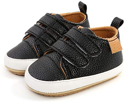 MK MATT KEELY Baby flicka första promenadskor halkskydd mjukt PU-läder sneakers för spädbarn småbarn, Svart stil2, 12-18 Months