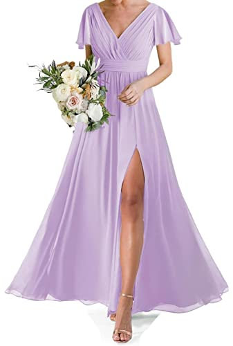 Vestito da promenade per le donne maniche corte lungo chiffon doppio scollo a V abito da damigella d'onore con fessura, Lilla, 50