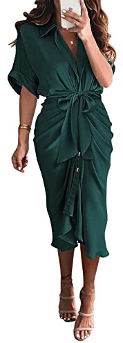 BTFBM Dresses for Women Summer Button Short Sleeve Silk Satin Ruched Spring Maxi Dress 2026 Cocktail Party Wedding(Dark Green, Large)