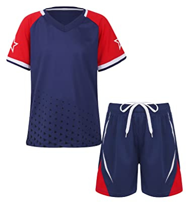 Yeahdor pojkar sportset kortärmad sport t-shirt tröja med sportbyxor kort träningsoverall fotbollskläder set fitness löpning basket, La Marine blå A, 122-128