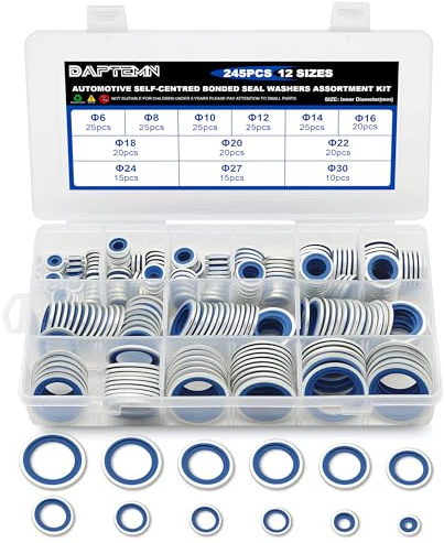 Daptemn 245PCS Metric Bonded Seal Dowty Washer, NBR Zinc-Plated Automotive Self-Centred Seal Rubber Washers, Gasket Seal Crush O-Ring Assortment Kit Set, Includes Sizes of M6-M30