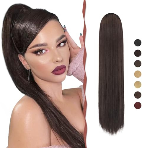 Sofeiyan Pferdeschwanz Haarteil Haarverlängerung mit Kordelzug 60cm Langer Gerade Zopf Pferdeschwanz Natürlicher Weicher Haarverlängerung Synthetische Ponytail Extension für Frauen, Dunkelstes Braun