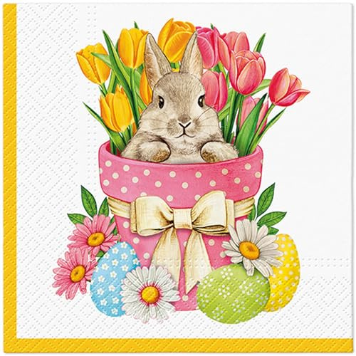 20 Servietten Ostern Hase im Blumentopf mit Tulpen als Tischdeko. Papierservietten mit Motiv. Auch für Decoupage und Serviettentechnik 33x33cm