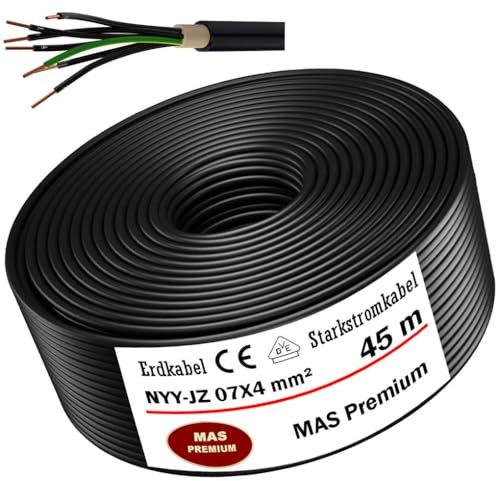 NYY-JZ - Cavo elettrico ad alta tensione da 5 m a 45 m, 7 x 4 mm², anello per posa all'aperto, terra (45 m)