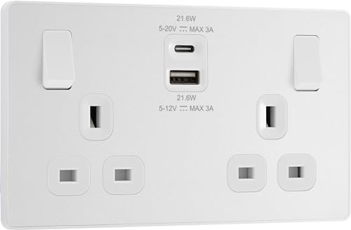 BG Electrical 22W Double Switched Power Wall Plug Socket with Fast Charge Type A and Type C USB Charging Ports, Evolve, Pearlescent White, 13A, PCDCL22UAC22W
