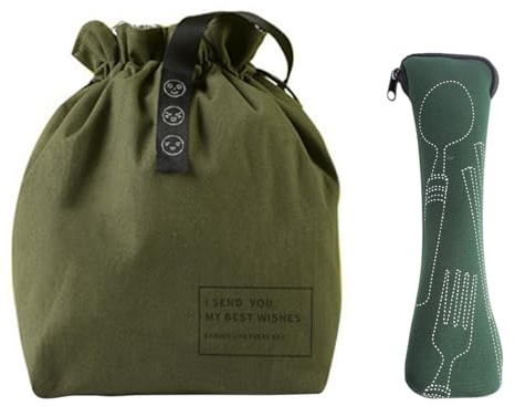 ZBHDEYG 1 borsa per il trasporto verde, 1 borsa per posate retrò, borsa per il pranzo isolata, borsa pieghevole con coulisse, custodia riutilizzabile