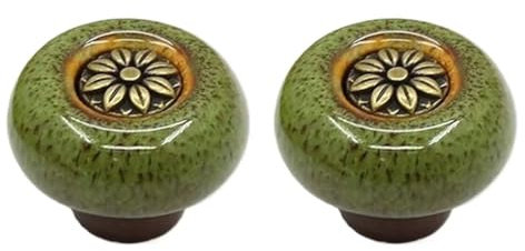 HDJNal Lot de 2 boutons en céramique – Boutons de porte d'armoire de cuisine de forme ronde vintage pour meubles et tiroirs – Vintage shabby chic (32 mm de diamètre, vert bronze)