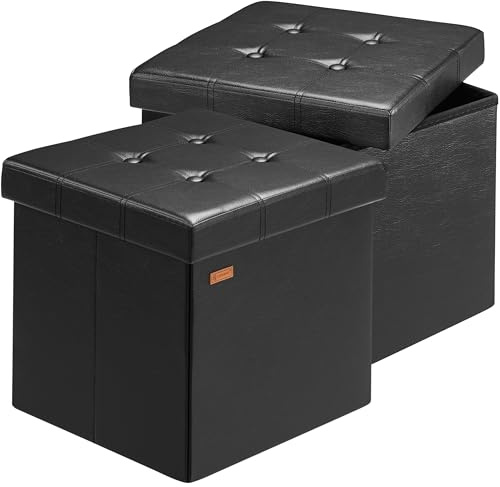 CASARIA® Puff Almacenaje 2 Unidades Taburete Plegable 38x38x38cm Capacidad 40L Salón Dormitorio Acolchado Reposapiés Piel Sintética Negro