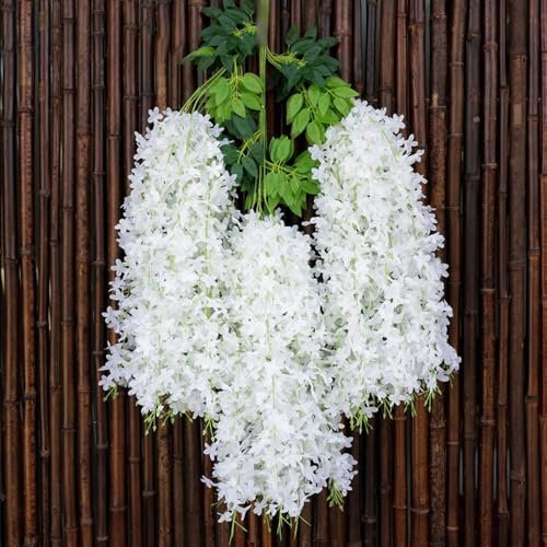 Whakano Set di 12 fiori di glicine artificiali, 115 cm, ghirlanda decorativa finta edera, da appendere, per cucina, altalena, giardino, casa, feste, matrimoni, Natale, decorazione da parete, bianco