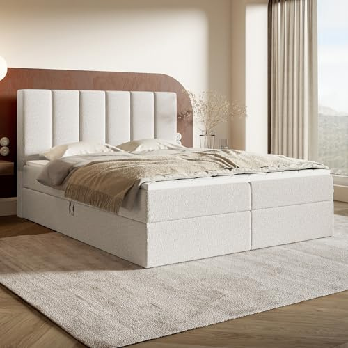 MOTIVENA Santiago Boxspringbett 140x200 Weiß Boucle, mit Taschenfederkern-Matratze (H3), mit Visco Memory-Foam Topper (H2), Boxspringbett 140x200 mit Bettkasten Weiß (Milch)