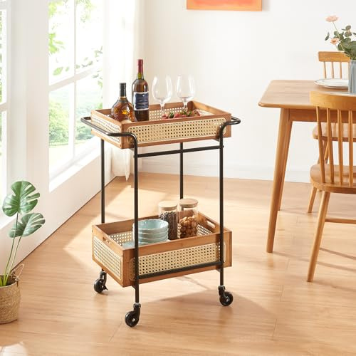 [en.casa] Carro de Servicio Tervola con 2 Cestas Carrito de Cocina Estantería de Baño con 4 Ruedas Multiusos Versátil Resistente Metal/Bambú 81x61x39cm - Negro/Efecto Ratán