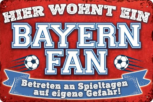 Targa in metallo per fan del calcio, 14 x 20 cm, scritta in lingua tedesca hier wohnt ein Bayern Fan – Targa da parete, targa per porta, scritta divertente calcio, articolo per fan