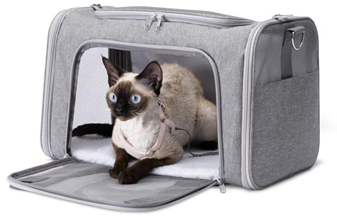 Amazon Basics -Trasportino Morbido Stile Borsa per Gatti e Cani, Tracolla Regolabile, Approvato per il Trasporto in Aereo, Pieghevole con Pannelli in Rete per la Ventilazione,43,2x 27,9x 27,9cm,Grigio