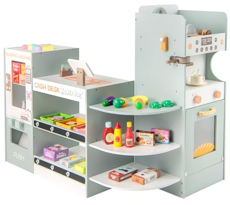 RELAX4LIFE Set di Giocattoli per il Supermercato in Legno, Supermercato per Bambini con Bancone Cassa, Distributore Automatico, Macchina da Caffè, Forno e Accessori Alimentari, per Bambini 3+ Anni