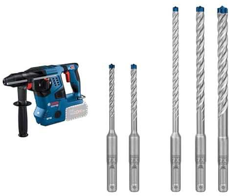 Bosch Professional 18V System Akku Bohrhammer GBH 18V-28 C (inkl. Zusatzhandgriff, Fetttube, ohne Akku/Ladegerät) + 5x Expert SDS plus-7X Hammerbohrer Set (für Stahlbeton, Ø 5-10 mm)