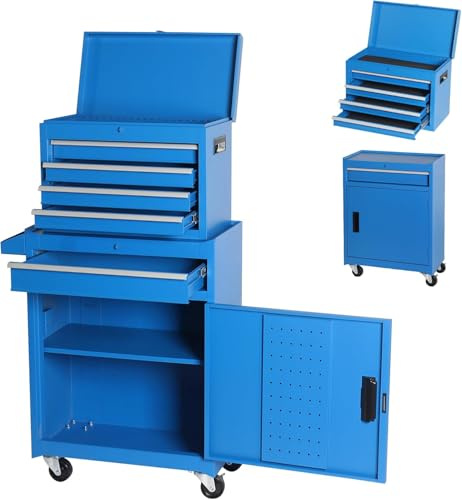 Fsazub 5 Drawers Tool Cart with Wheels & 1 Cabinet,Detachable Portable Top Box,Lock Rolling Tool Chest Trolley Organizer Set,Multifunctional Tool Box w/Storage Lockers for Garage & Workshop (Blue)