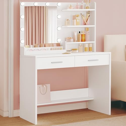 Hzuaneri 90cm Schminktisch mit Spiegel, Schminktisch mit LED-Beleuchtung, Schminktische mit 3 Helligkeitsstufen, 2 Schubladen, 4 Offene Ablagen und 2 Fächer, Modern, Weiß DT42703XEU